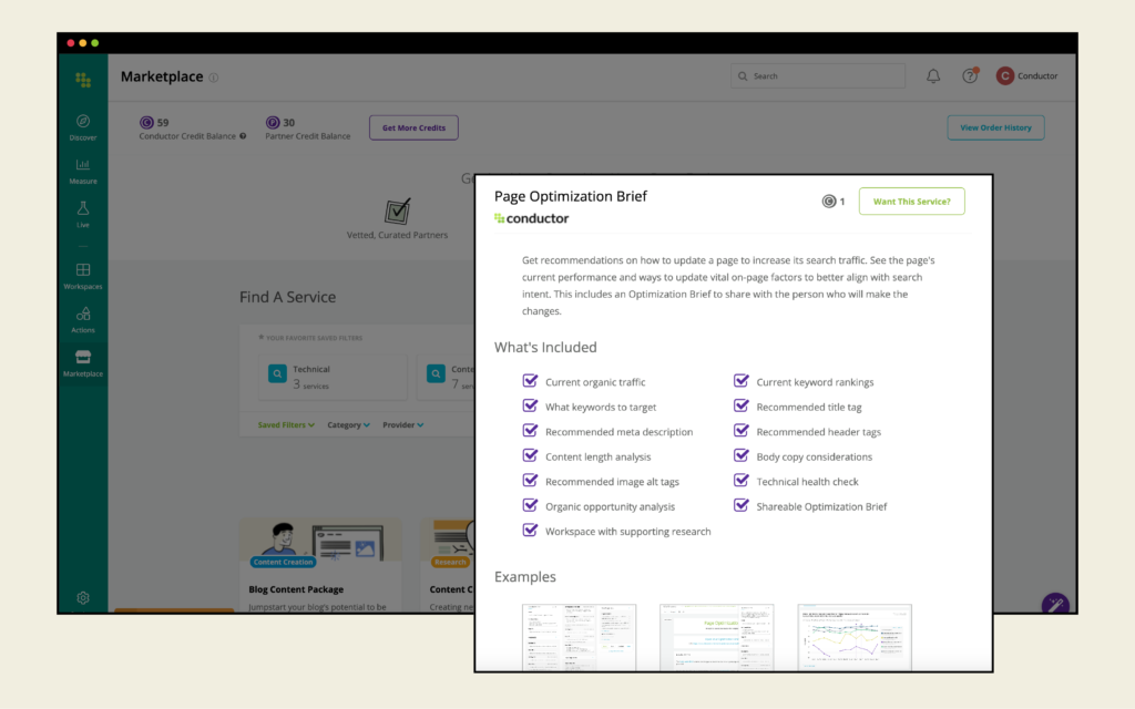 Conductor reimagined its Marketplace in 2022 to make it easier to find and request the SEO services that help you get stuff done, all within the platform. Shown: new details page for the Page Optimization offering.